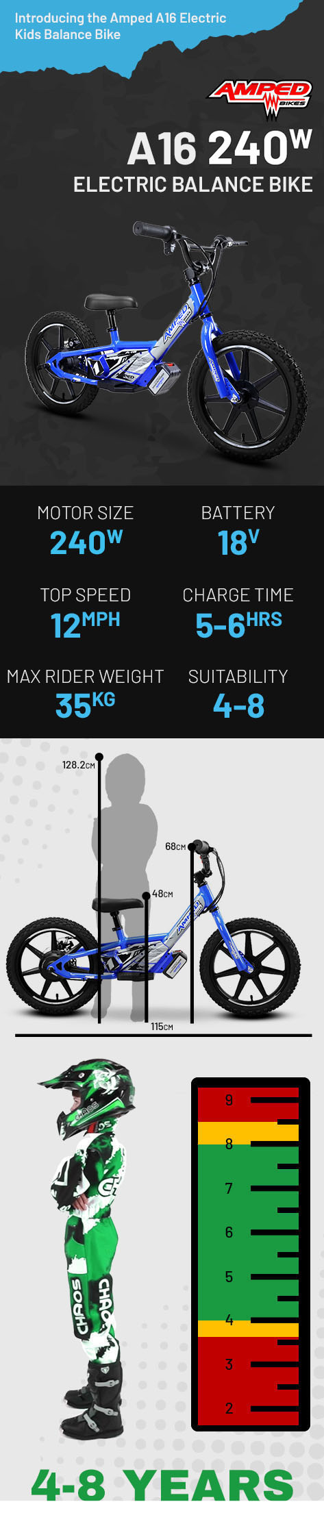 Amped A16 320w (PP) 24v 5.8ah Li White Kids Electric Balance Bike