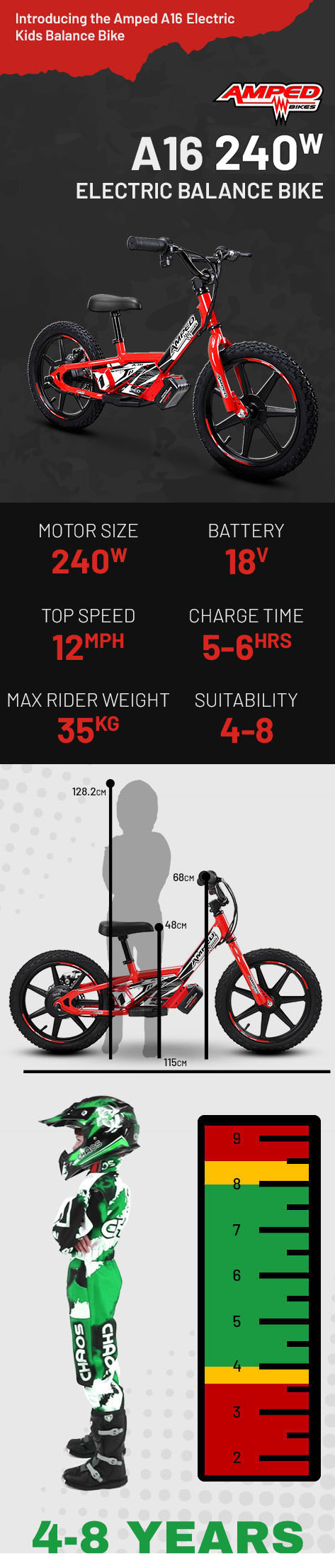 Amped A16 320w (PP) 24v 5.8ah Li Black Kids Electric Balance Bike