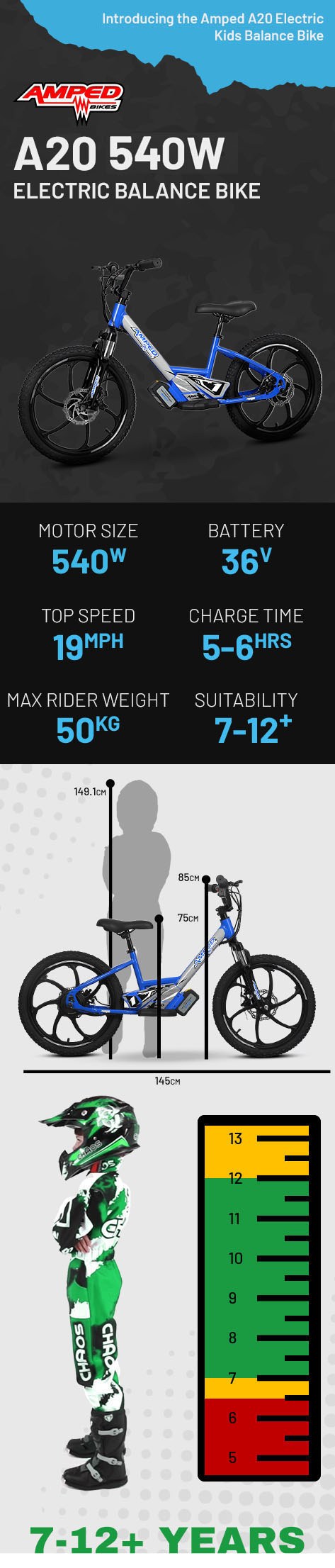 Amped A20 540w (PP) 36v 5.0ah Li White Kids Electric Balance Bike