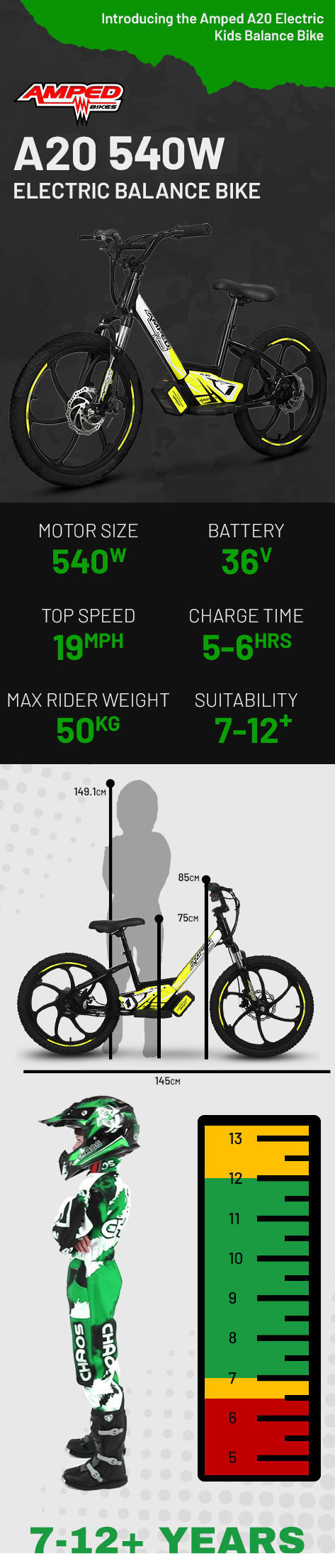Amped A20 540w (PP) 36v 5.0ah Li Black Kids Electric Balance Bike