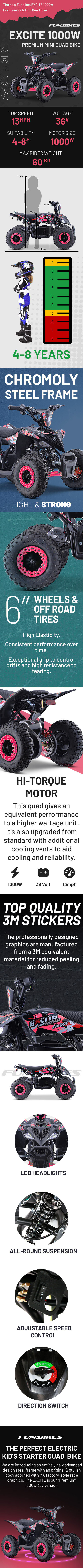 Excite 1000w Premium Pink Kids Mini Electric Quad Bike