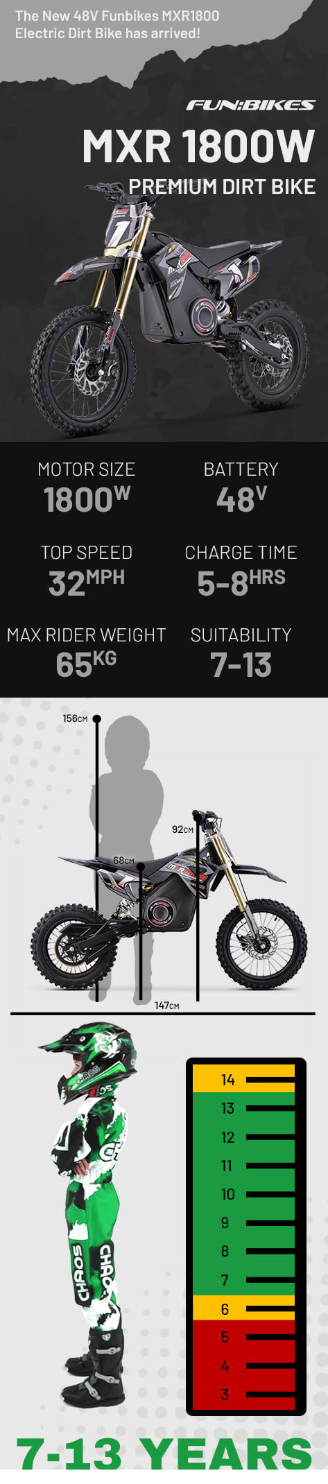 FunBikes MXR 1800w 48v Li 14/12 68cm Grey Kids Electric Dirt Bike 2025