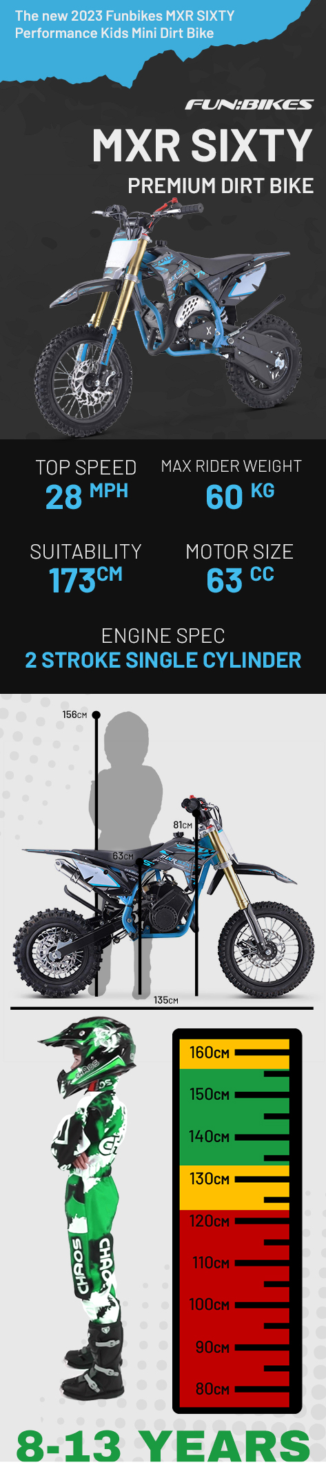 FunBikes MXR "60" 63cc 12/10 63cm Performance Blue Kids Dirt Bike