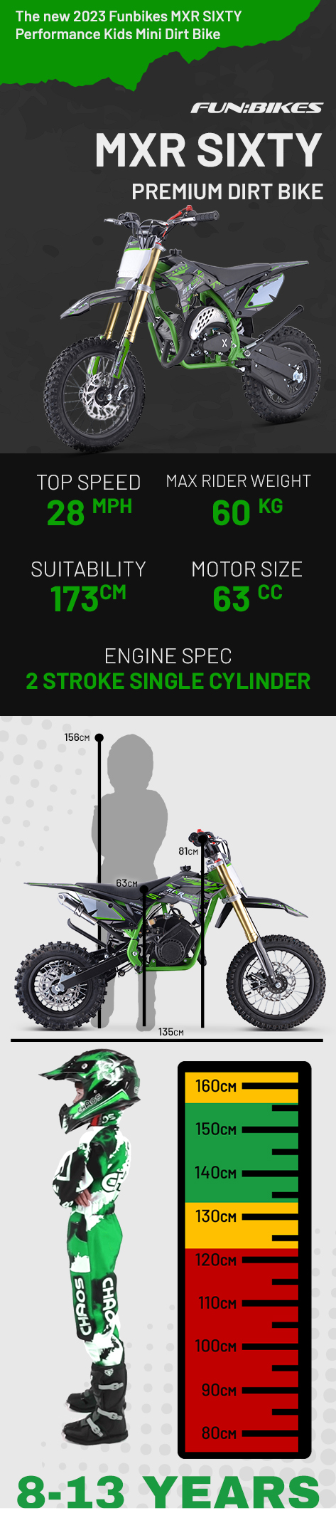 FunBikes MXR "60" 63cc 12/10 63cm Performance Green Kids Dirt Bike